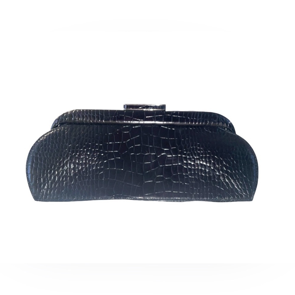 ANTONIO MELANI Black Embossed Leather Croc Snap Top Clutch